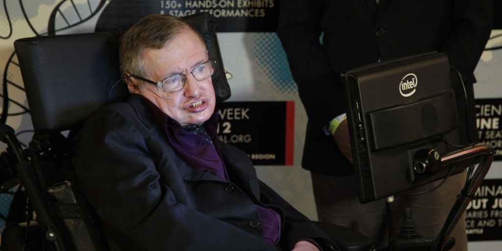 Stephen Hawking appears in Seattle, Saturday, June 162012. Hawking was taking part in the Seattle Science Festival Luminaries Series. (AP Photo/Ted S. Warren)