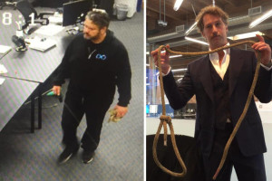 In images from a lawsuit filed by Brogan BamBrogan, photos show Afshin Pishevar carrying a rope near Mr. BamBrogan's desk, left, and Mr. BamBrogan holding the rope he says he found at his desk. PHOTO: LAW OFFICES COTCHETT, PITRE & MCCARTHY, LLP