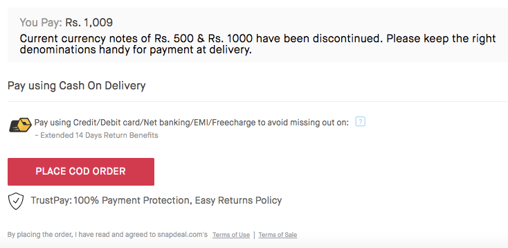 cash delivery restriction snapdeal