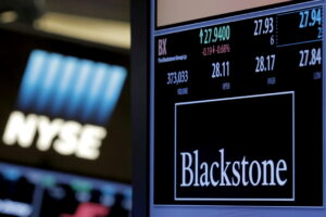 The ticker and trading information for Blackstone Group is displayed at the post where it is traded on the floor of the New York Stock Exchange