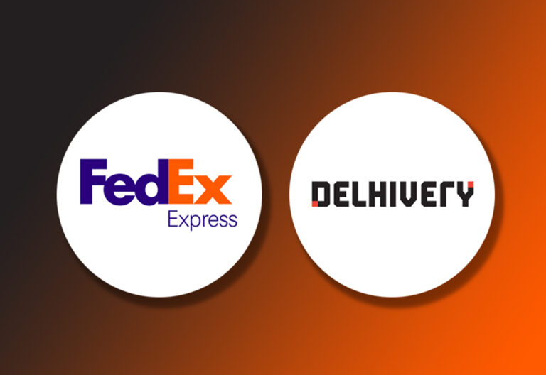 Logo of FedEx Express and Delhivery on a gradient background