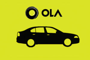 Ola logo along with a vector image of Car on Yellowish background