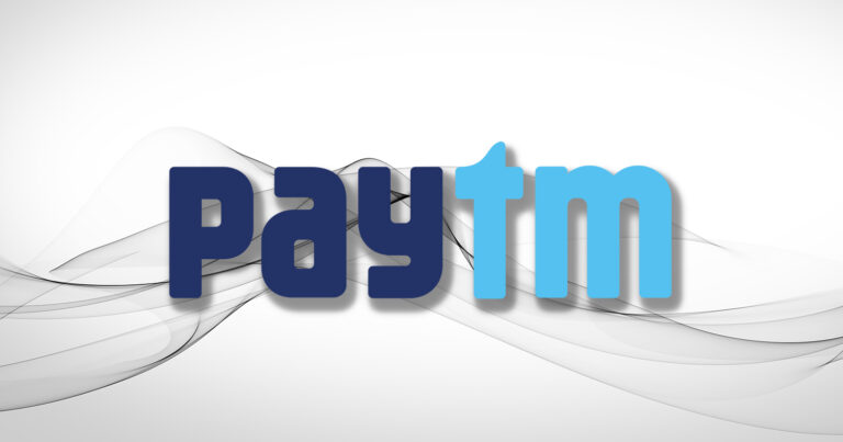 Paytm logo on white background with gray abstract shapes