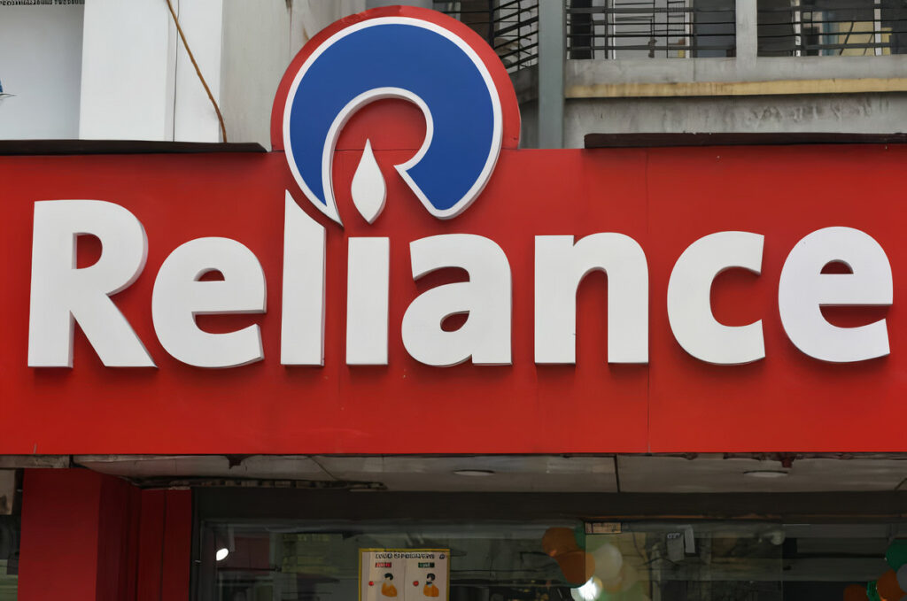 A Reliance logo can be seen in Kolkata, India