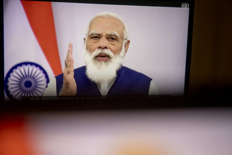 Narendra Modi, India's Prime Minister, Speaks During the United Nations General Assembly Seen on a Laptop