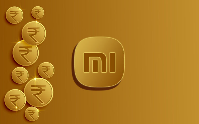 Indian rupee coins background with Xiaomi Logo