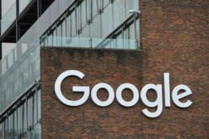 A view of Google logo on a Google building GRCQ1 in Dublin's Grand Canal area