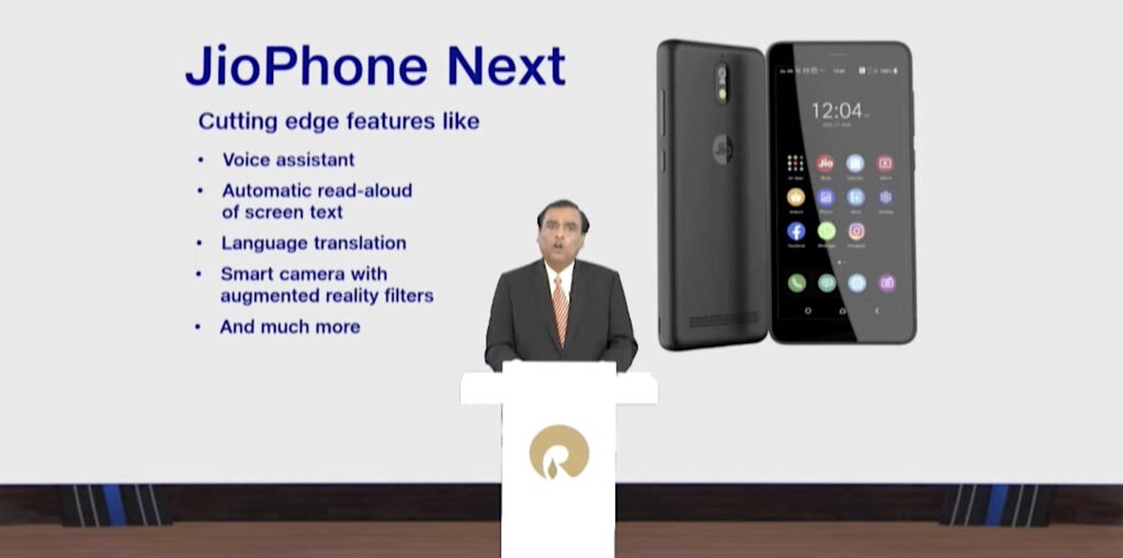 Mukesh Ambani, India’s richest man and the chairman of Reliance Industries, which operates Jio Platforms, unveiling JioPhone Next at an event in June this year Image Credits: Jio Platforms