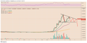 SHIB/USDT four-hour price chart featuring descending triangle setup