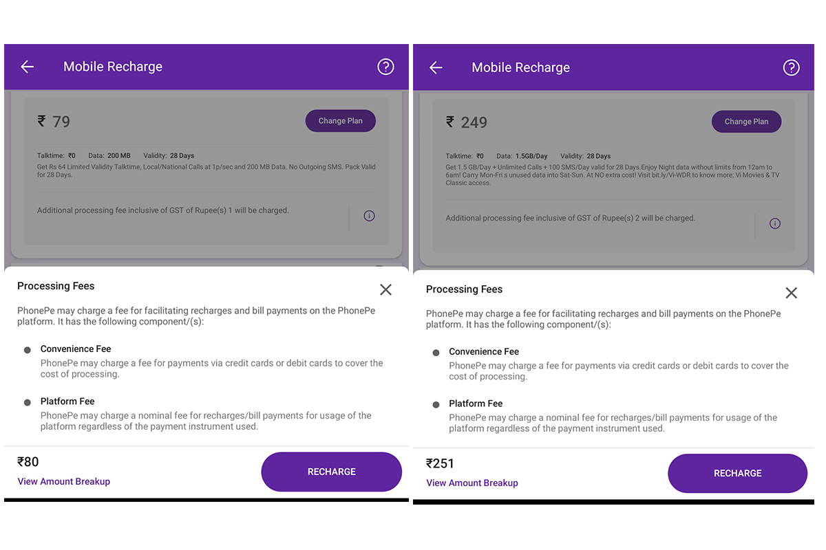 PhonePe charging Re. 1 to Rs. 2 per transaction for mobile charges above Rs. 50