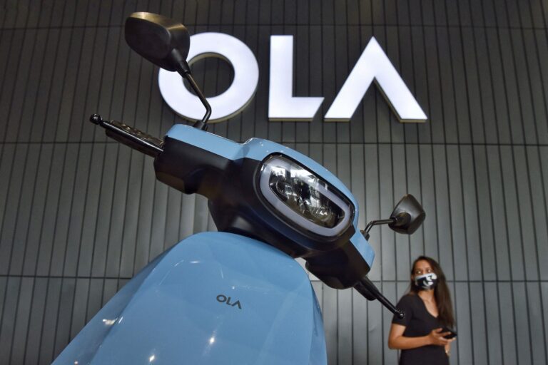 Ola electric scooter displayed during its launch at the Ola headquarters in Bangalore