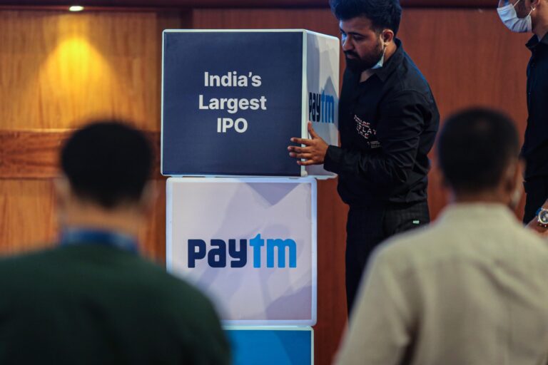 IPO of One97 Communications Ltd., operator of PayTM, at the Bombay Stock Exchange in Mumbai