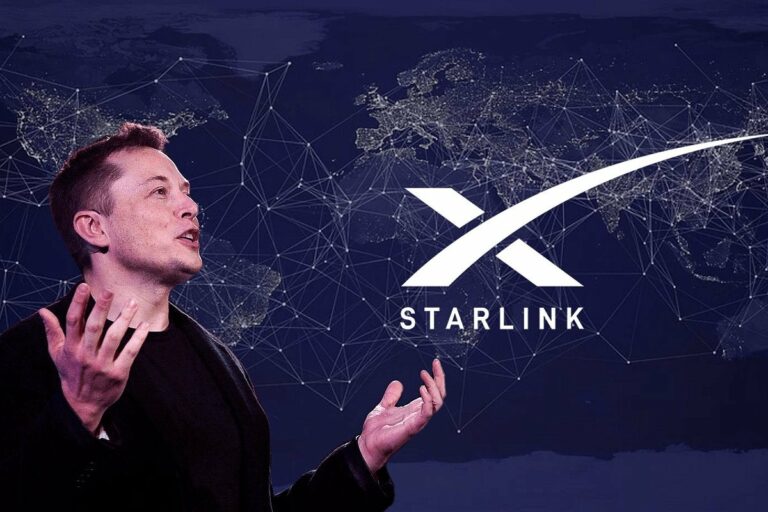SpaceX CEO Elon Musk alongside Starlink logo