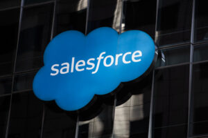 The Salesforce logo is seen at its headquarters