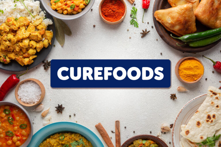 Curefoods logo on circular food frame