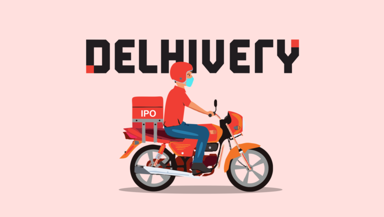 Illustration of Delhivery logo with delivery service delivery boy on bike