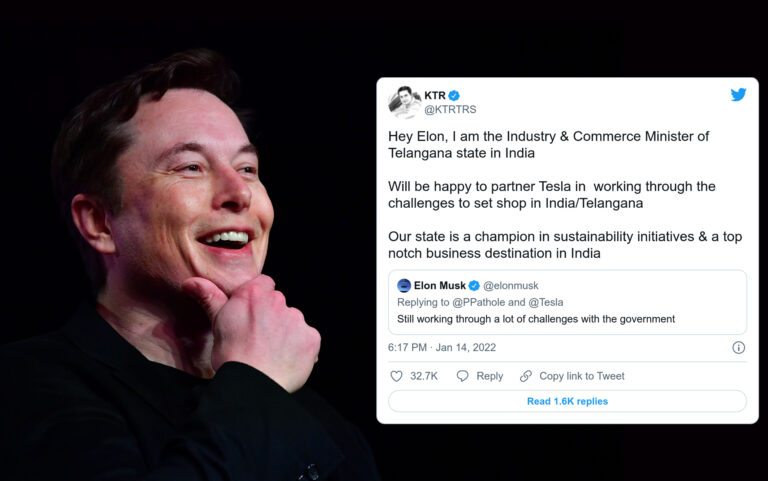 Image of Tesla CEO Elon Musk on Right with screenshot of Minister KTR tweet