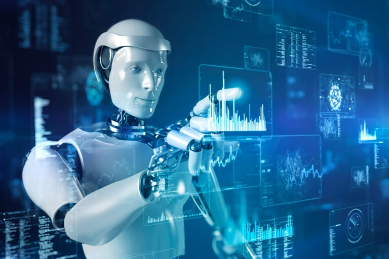 Artificial intelligence robot control futuristic data screen