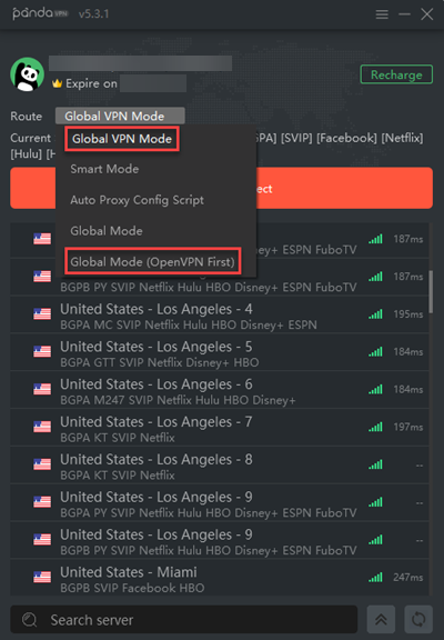 PandaVPN review - routing modes