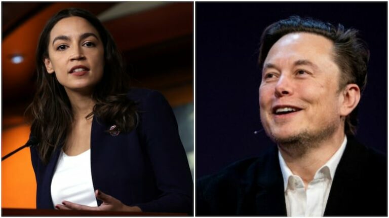 Alexandria Ocasio-Cortez on one side, with Elon Musk on the other