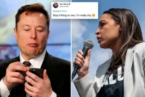 Musk on one side, with Ocasio-Cortez on another with his tweet on top