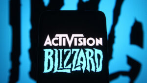 The logo of Activision Blizzard depicted in a blue illustration 