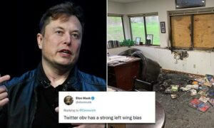 Elon Musk alongside an image of a scene depicting possible violence. With Musk’s tweet from Monday