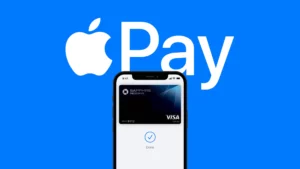 Phone screen showing Apple Pay screen with blue background