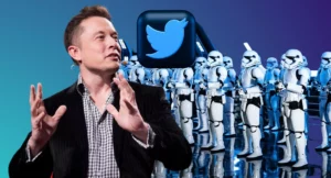 Elon Musk with an illustrated background depicting spam bots on Twitter