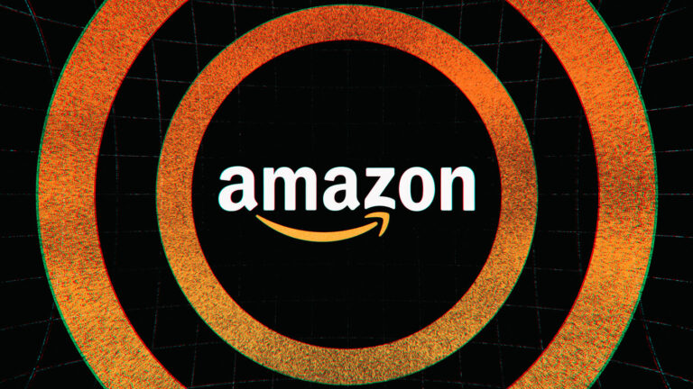 Logo of Amazon illustrated with a black and orange background
