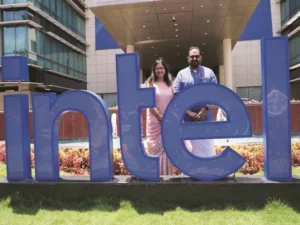 MoS Rajeev Chandrasekhar with Intel India head Nivruti Rai at the campus in Bengaluru on Friday