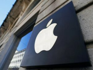 The logo of Apple Inc outside a store.