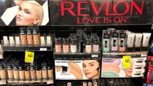 A Revlon counter seen at a makeup store