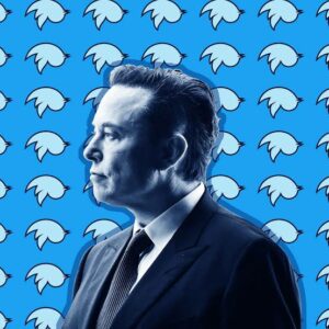 Illustration of Elon Musk standing infront of a wallpaper designed with Twitter logo