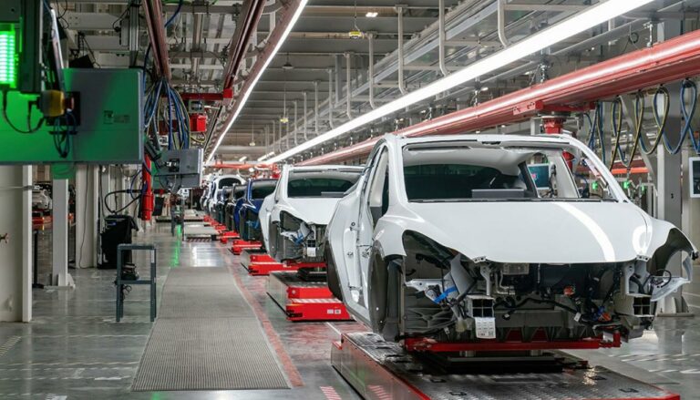 Tesla cars being manufactured at the factory