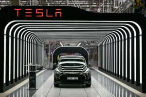 Model Y cars are pictured during the opening ceremony of the new Tesla Gigafactory for electric cars in Gruenheide, Germany, March 22, 2022.