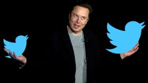 Image of Elon Musk against a black background and Twitter logo