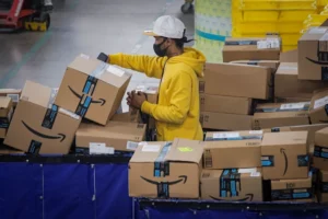 A person working at an Amazon Warehouse 