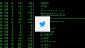 Twitter logo depicted against a background of codes