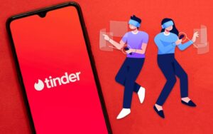 Tinder logo alongside two animated figures