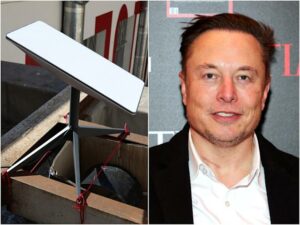 Image of Elon Musk alongside Starlink dish