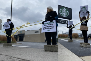 Protestors protesting against Starbucks for charging extra on non-dairy milk. 