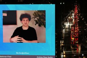 FTX founder Sam Bankman-Fried speaks virtually during his first public interview at the elite New York Times DealBook Summit in New York on Wednesday. 