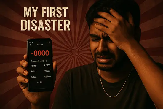 Screenshot of negative balance/loss history with emotional reaction