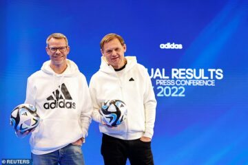 Adidas CFO Harm Ohlmeyer and CEO Bjorn Gulden attend the company’s annual news conference in Herzogenaurach, Germany