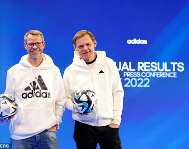 Adidas CFO Harm Ohlmeyer and CEO Bjorn Gulden attend the company’s annual news conference in Herzogenaurach, Germany