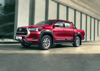 A red Toyota Hilux