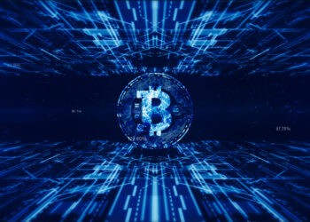Bitcoin currency sign in digital cyberspace, Business and Technology Concept.