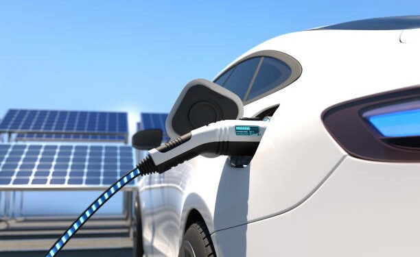 Electric car power charging, Charging technology, Clean energy filling technology. 3D illustration
