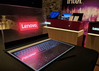 Chinese tech firm Lenovo shows off a laptop with a see-through screen